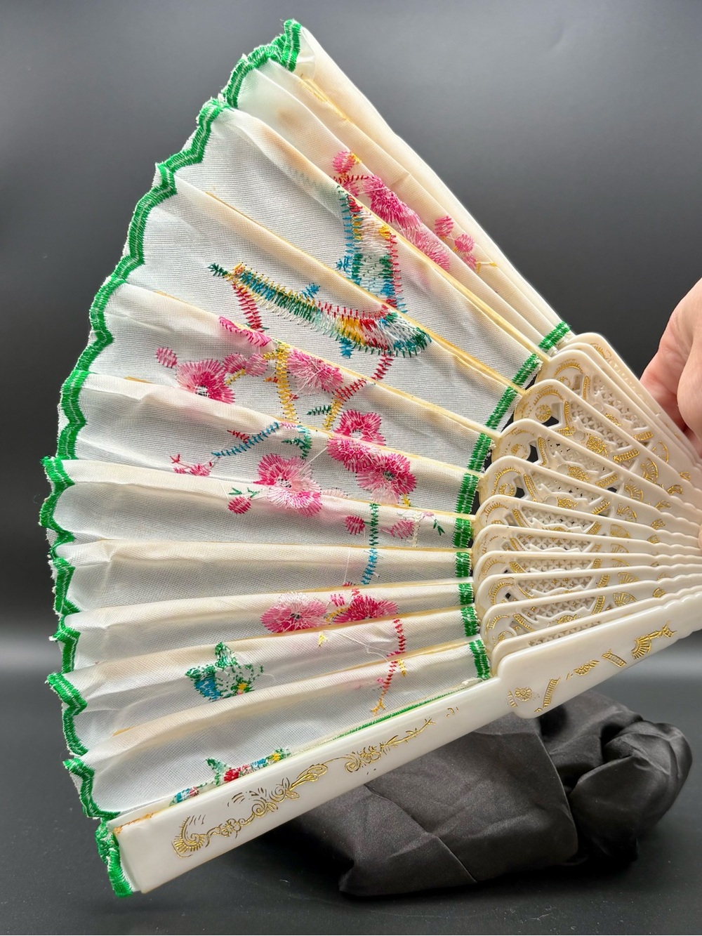 White Embroidered Folding Hand Fan with Pink Floral Design and Green Trim